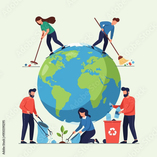 Diverse group of volunteers actively cleans the planet Earth by sweeping debris and recycling waste to promote global environmental care.