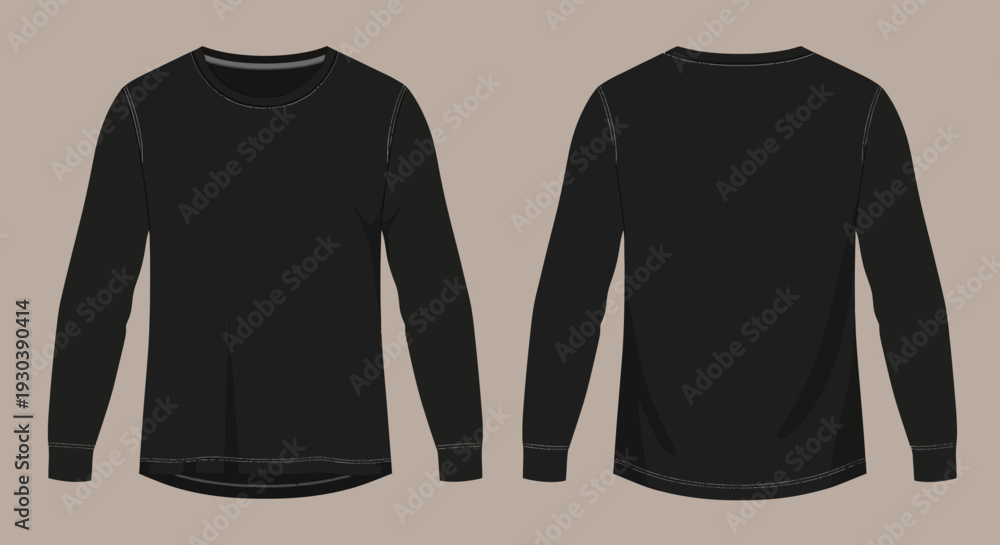 Naklejka premium Black long-sleeved shirt front and back view on beige background.