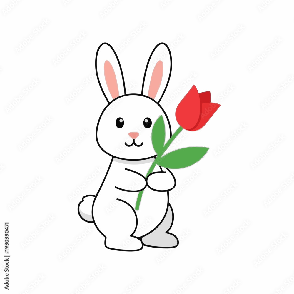 Obraz premium Cute white cartoon bunny character gently holds a single bright red tulip flower in its paws against a clean white backdrop for springtime.