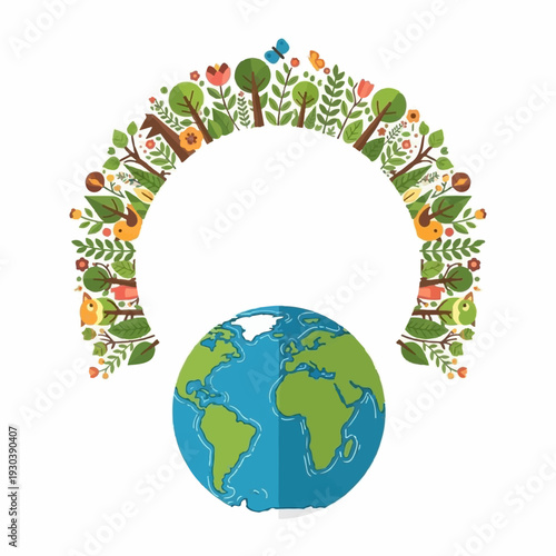 The planet Earth rests beneath an arching wreath composed of small trees, flowers, birds, and natural elements signifying ecology.