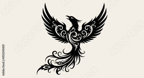 Black phoenix rising with ornate wings and tail design.