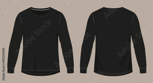 Black long-sleeved shirt front and back view on beige background.