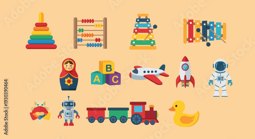 Colorful set of children's toys and educational materials.