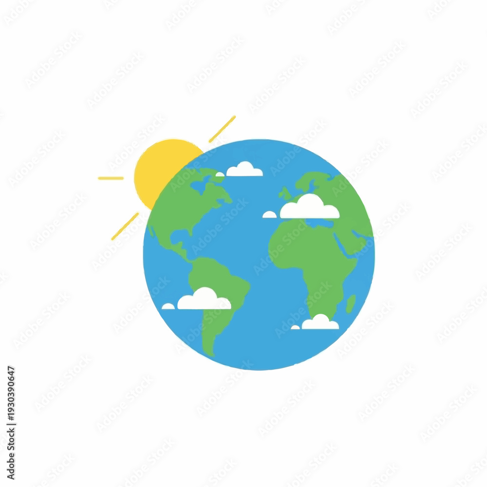Naklejka premium Simple flat design illustration of the Earth globe showing continents with the rising sun and light clouds against a white background.