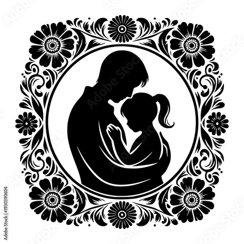 Father and Daughter Silhouette: This image conveys the essence of fatherhood with a touching silhouette of a father embracing his daughter. The image is framed by a decorative floral border.