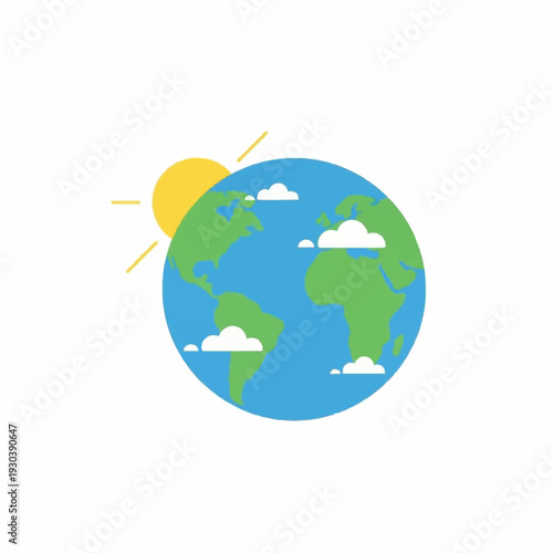 Simple flat design illustration of the Earth globe showing continents with the rising sun and light clouds against a white background.