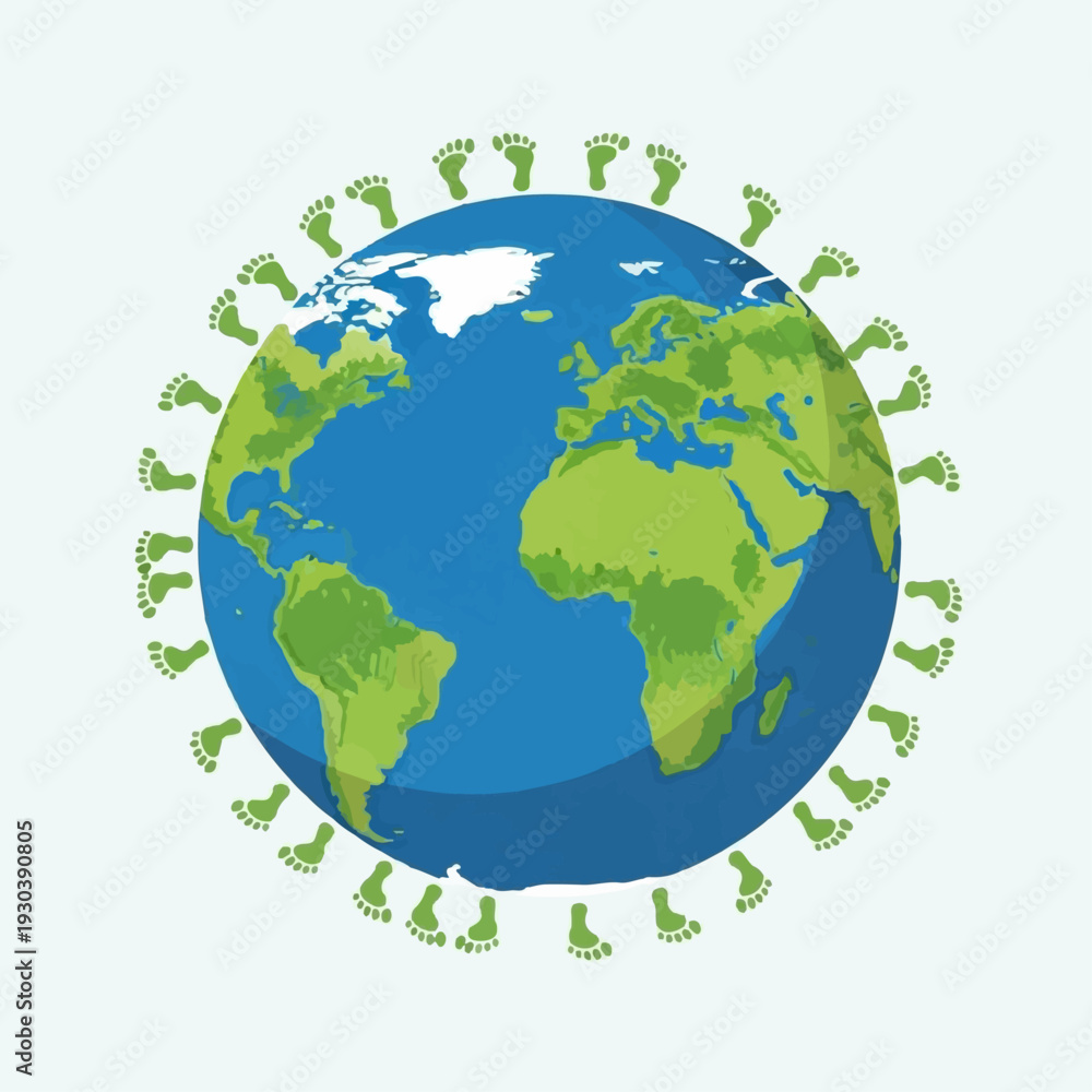 Naklejka premium A detailed illustration of the world map on a blue sphere is encircled by small green footprints, representing humanity's collective carbon.