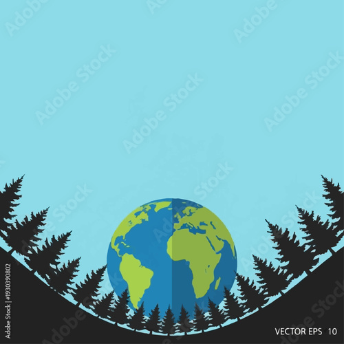 Earth globe rests centered between dark silhouette pine tree forests beneath a bright blue sky providing ample copy space for conservation.