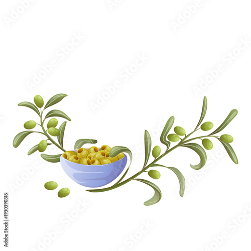 Pickled olives in a bowl and olive branches