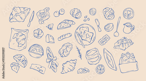 Set of bakery whimsical doodles. Hand drawn food elements for morning meal design