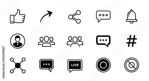 Universal social networking symbols set with thumbs up share curved arrow speech bubbles and user profiles