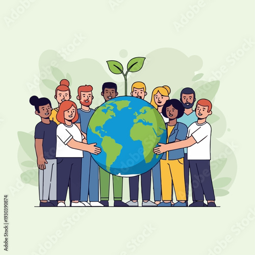 Diverse group of people lovingly hold a large planet Earth illustration featuring a small green sprout growing from the top.