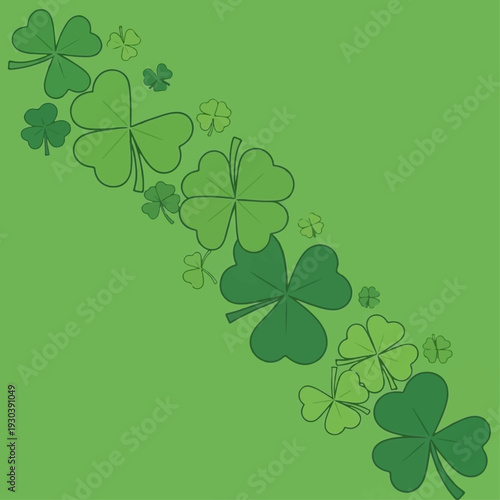 Various shades of green shamrock and four-leaf clover shapes diagonally ascend across a solid green background, representing Irish luck.