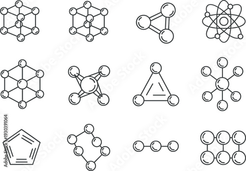 Molecular Structure and Chemistry Icon Set with Atom, Molecule, and Scientific Network Symbols for Education, Research, Medical, and Technology Design Projects