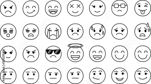 Outline Emoji Face Icon Set with Multiple Facial Expressions and Emotions for Messaging Apps, User Interfaces, Stickers, and Digital Communication Design