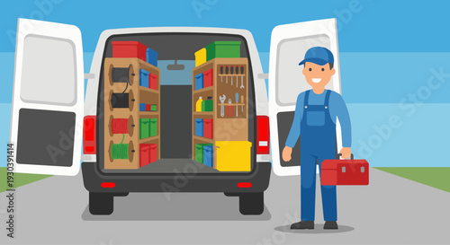  The Stocked Van
An electrician standing proudly next to the open back doors of a white work van. The interior of the van is visible, showing organized shelves with solid-colored boxes