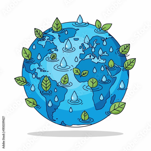 Cartoon depiction of the Earth globe suffering from heavy rainfall and sprouting small leaves across its surface.