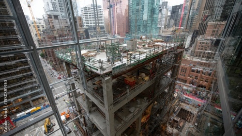 Construction site in the heart of a modern city, with buildings reaching towards the sky