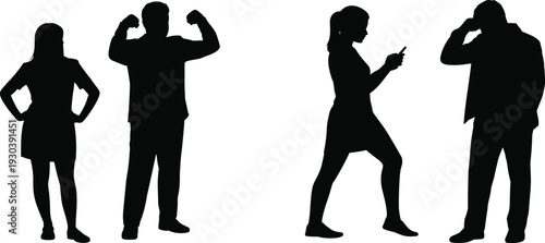 Black silhouettes of diverse professional people in confident poses including a businessman flexing muscles woman with hands on hips and people using mobile smartphones