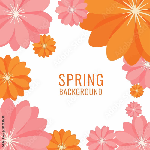 Floral spring background with blooming flowers in vibrant pink and orange hues, perfect for seasonal greetings and decorations.