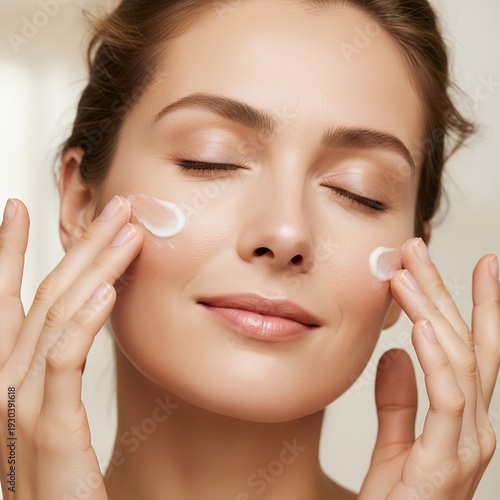 Woman Applying Moisturizing Cream to Her Face for Skincare Routine.