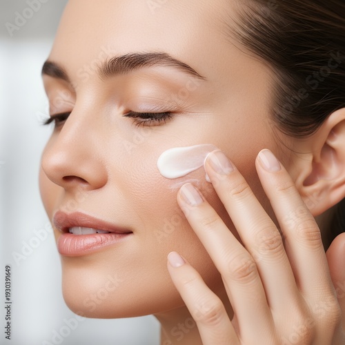 Woman Applying Moisturizing Cream to Her Face for Skincare.