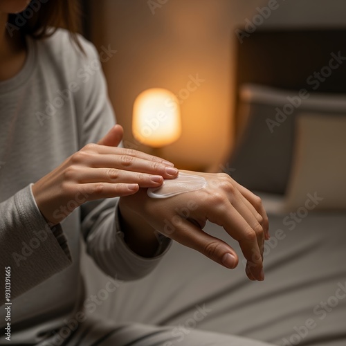 Woman applying moisturizing cream to her hands at night.