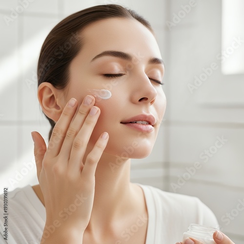 Woman Applying Moisturizing Cream to Her Face for Skincare Routine.