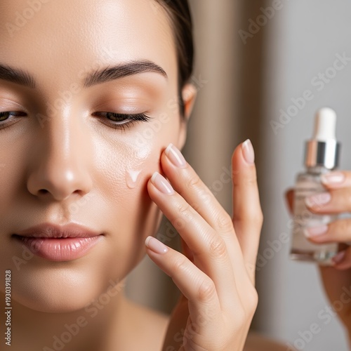 Woman Applying Serum to Her Face for Skincare Routine.