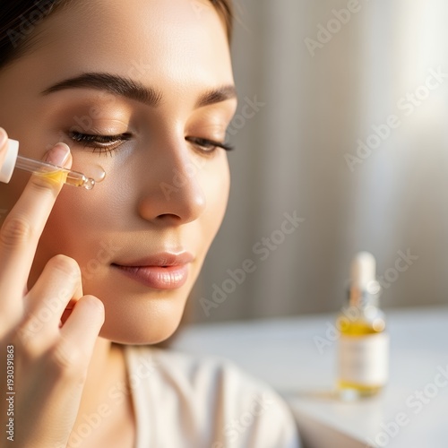 Woman Applying Serum to Her Face with a Dropper for Skincare.