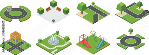 Isometric city park and road elements collection, urban roundabout fountain playground intersection vector illustration isolated on white
