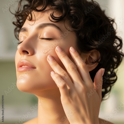 Woman Applying Skincare Product to Her Face with Gentle Touch.