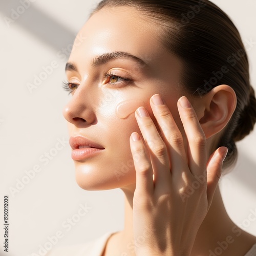 Woman Applying Skincare Product with Gentle Touch Under Natural Sunlight.