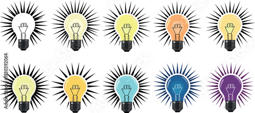 Radiant Light Bulb Icon Set with Colorful Glowing Idea Symbols for Creativity, Innovation Concepts, Education Materials, and Modern UI Design Projects