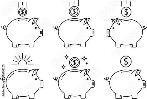 Piggy bank savings icons set money deposit finance investment line vector collection