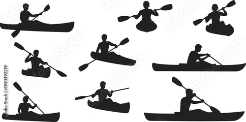 Kayaker and canoe paddling silhouettes set, water sport adventure vector collection, black boating illustration isolated on white background