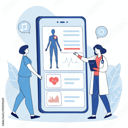 Medical professionals analyzing health data on a large smartphone