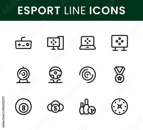 Esport icon set. Esport simple line icons designed for multiplayer sessions ranking systems score tracking and gaming achievements.