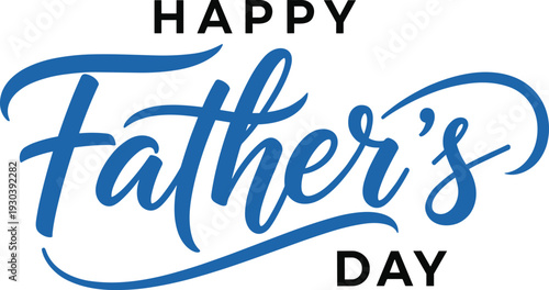Happy Father’s Day blue script calligraphy text on white background for greeting cards, social media banners, and holiday celebration posters, cad drawing flat vector illustration.