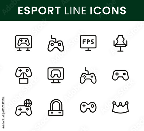 Esport icon set. Esport clean professional icons covering gaming equipment console setup online matches and competitive events.