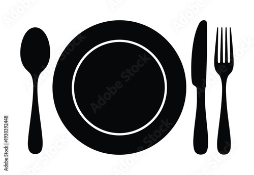Black Silhouette of a Plate, Fork, Knife, and Spoon on White Background
