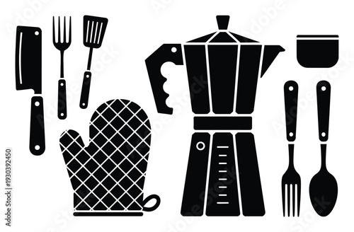 Black Silhouette of Kitchen Utensils and Coffee Maker