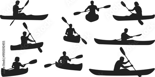 Kayaking and canoeing silhouettes collection, paddler in boat vector set, water sport adventure black illustrdler in boat vector set, wat