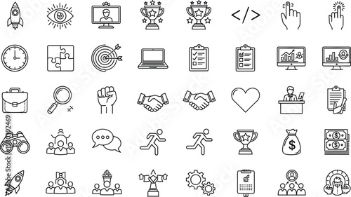 Startup business and achievement outline icons set innovation success line vector collection