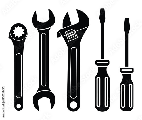 Collection of Black and White Silhouettes of Wrenches and Screwdrivers