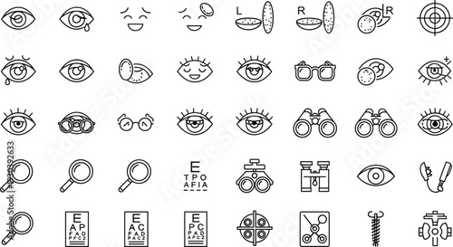 Eye care and vision test outline icons set ophthalmology optometry line vector collection