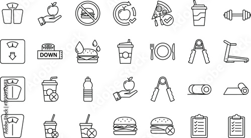 Fitness diet and healthy lifestyle outline icons set nutrition workout line vector collection