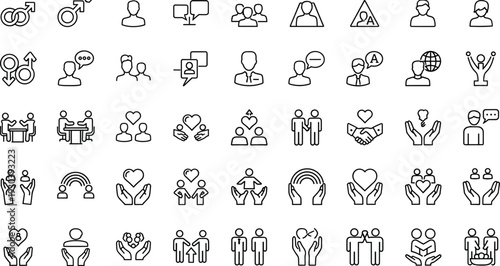 Community people relationship and diversity outline icons set social support line vector collection
