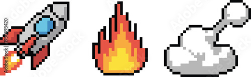 Pixel art rocket launch with fire flame and smoke cloud, retro 8 bit game icon vector illustration