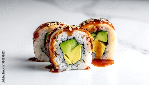 Delicious Unagi Sushi Roll with Avocado and Sesame Seeds.